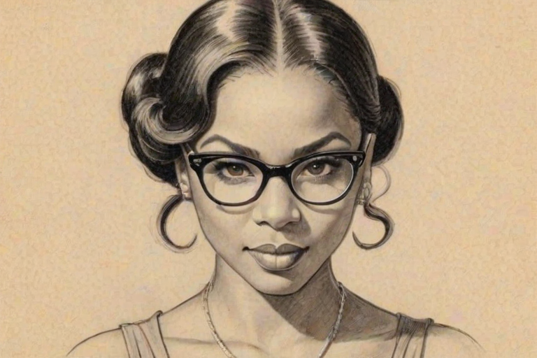 Captivating Ashanti, pencil sketch, portrait of Enchanting woman 1932s in glasses, hair style beatnik, outline, clear lines, fine lines, 8k
