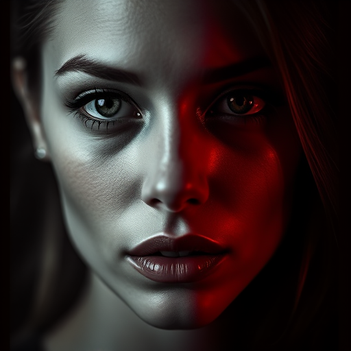 high-resolution portrait of a woman's face divided into two halves, one side in grayscale and the other in deep red and black, dramatic lighting with high contrast, soft focus with a shallow depth of field, 50mm lens, f/1.8 aperture, ISO 100, 1/125s shutter speed, taken with a full-frame DSLR camera, side lighting for a moody effect.