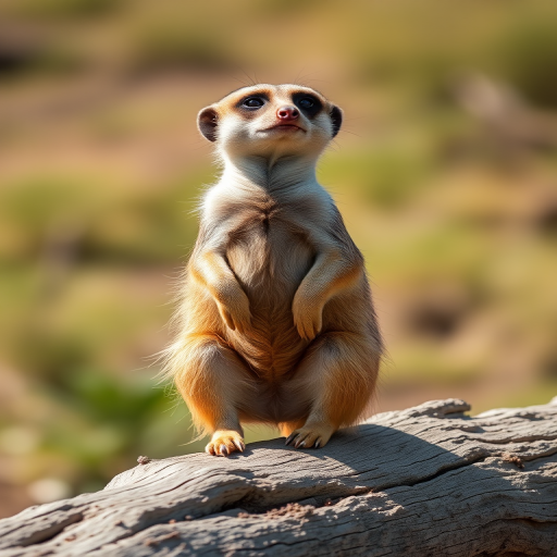 meerkat standing on a log in a natural setting with a soft-focus background, captured with a Canon EOS R5, 85mm lens, aperture f/2.8, ISO 100, 1/500s, shallow depth of field, outdoor lighting