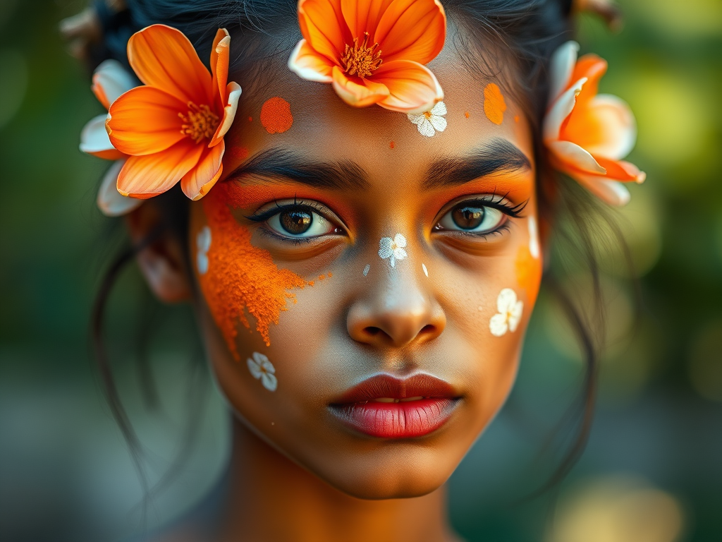 portrait of a person with floral face paint featuring vibrant orange and white flowers, shallow depth of field, captured with a Canon EOS R5, 85mm lens, f/1.2 aperture, natural light, soft bokeh background