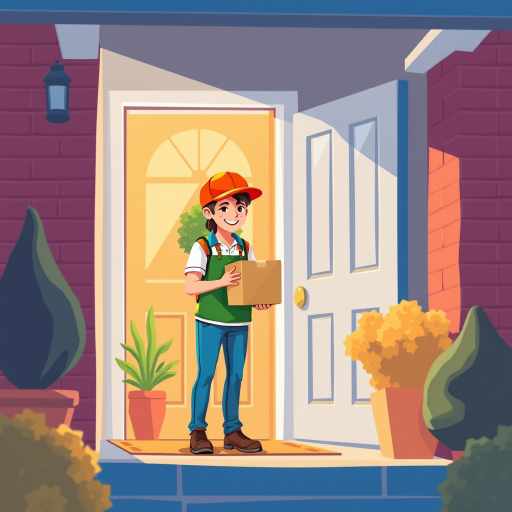 Create a warm and inviting illustration of a delivery person handing a package to a smiling recipient at a front door, bright and cheerful colors, soft focus, using a digital drawing style, 50mm lens, f/2.8 aperture, high contrast, vibrant lighting, and a slight vignette for emphasis.