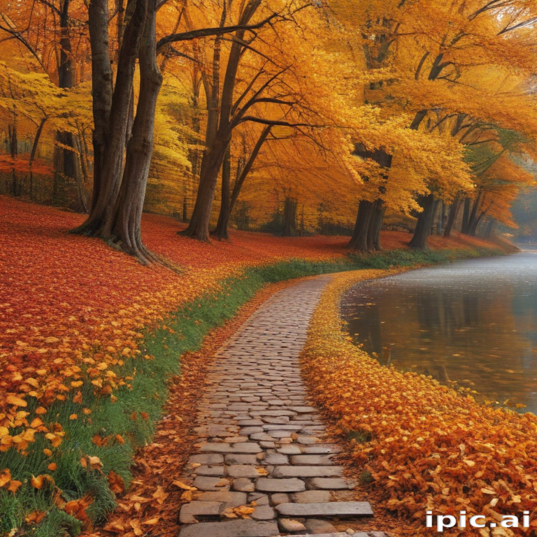 A Serene Pathway Through a Vibrant Autumn Forest by the Water's Edge