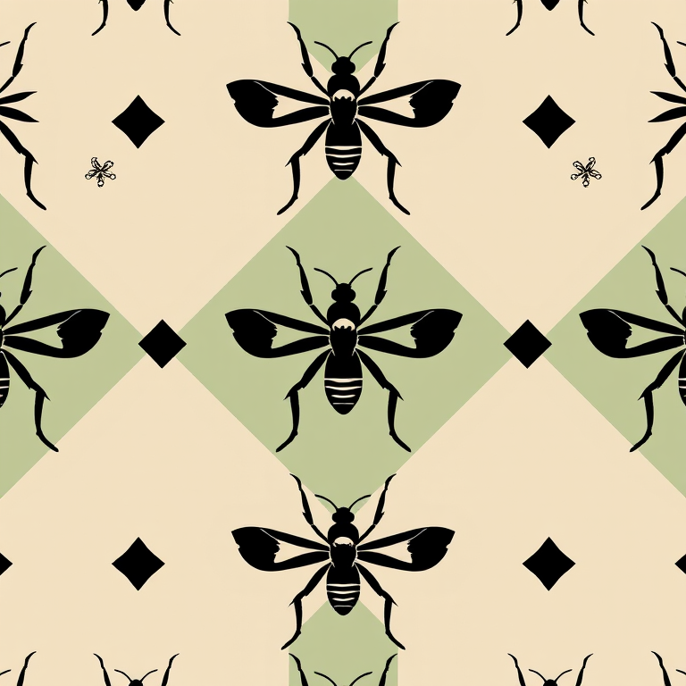 Create a high-resolution image of an abstract pattern featuring black stylized insects on a muted beige and green diamond background, using a DSLR camera with a 50mm lens, aperture set to f/2.8, ISO 100, and a soft focus style to enhance texture and detail.