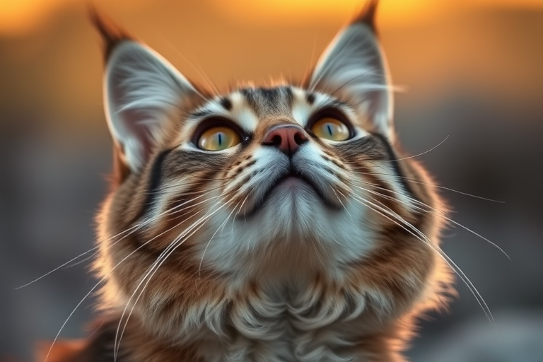 A close-up shot of a Pallas's cat looking upwards, captured with a Canon EOS R5, 85mm lens, f/1.8 aperture, ISO 200, 1/250 sec, natural light, shooting at golden hour to enhance the soft, warm tones and create a dreamy effect.