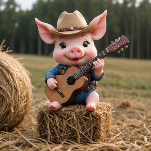 A chibi pig, dressed as a cowboy, playing guitar, sitting on a hay bale