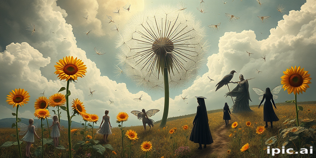 A surreal allegory featuring ethereal fairies, towering sunflowers, and an enigmatic witch, all set within a dreamlike landscape. The scene is dominated by a colossal dandelion, its delicate seeds floating through the air, reminiscent of Yves Tanguy's abstract forms. The environment is a blend of otherworldly elements and natural beauty, with twisted, elongated shapes and surreal colors that evoke a sense of mystery and enchantment.
