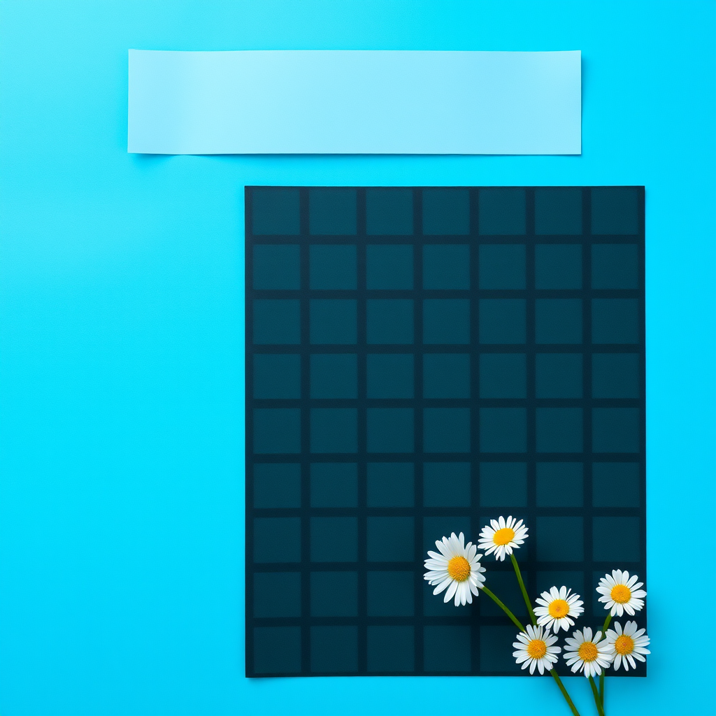 Create a bright blue background with a grid pattern of black squares, featuring a horizontal light blue banner across the top, and three white daisies in the bottom right corner, using a DSLR camera, f/8 aperture, 1/125 shutter speed, ISO 100, and a top-down view to enhance image quality.