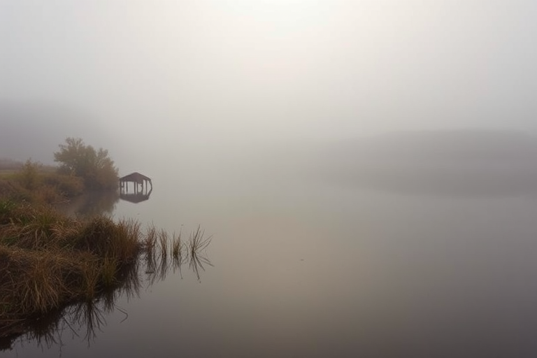 river landscape in foggy conditions with soft reflections, early morning light, focus on calm water, 50mm lens, f/4 aperture, ISO 200, shutter speed 1/125 sec, DSLR camera, wide view, shallow depth of field