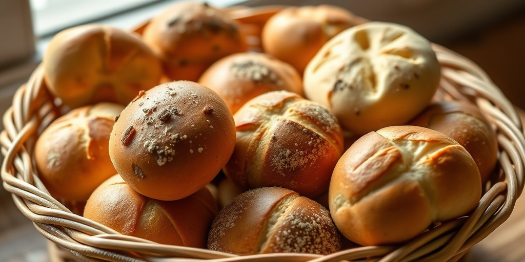 A basket filled with a variety of fresh, warm bread rolls, captured in natural light with a shallow depth of field, using a Canon EOS R5 with a 50mm lens at f/2.8, ISO 100, and 1/125s shutter speed.
