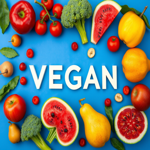 create a vibrant flat lay of geometric fruit and vegetable illustrations including apples, tomatoes, watermelon, broccoli, pears, and the word VEGAN in the center, use a blue background, shoot in high resolution with a DSLR camera, aperture f/2.8, ISO 100, shutter speed 1/125s, overhead view, sharp focus on the text and produce textures