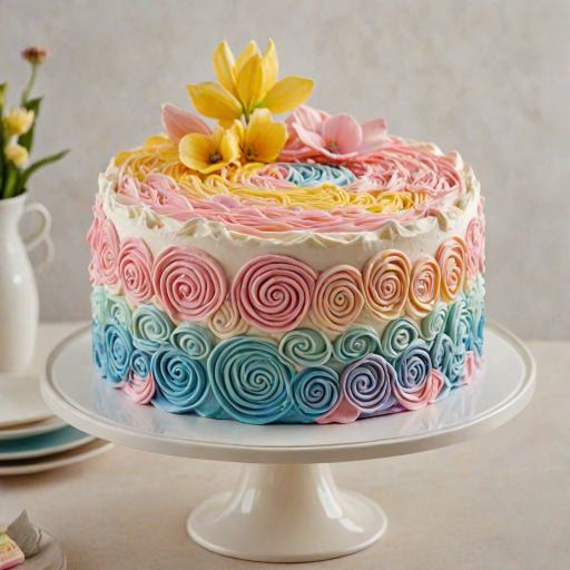 Create an image of a round cake with a smooth white frosting finish. The top is decorated with pastel-colored buttercream swirls in pink, blue, and yellow, arranged in a circular pattern. The sides of the cake feature overlapping petals in the same pastel colors, creating a vibrant and cheerful appearance. The cake is presented on a decorative white cake stand, set against a soft, blurred background.