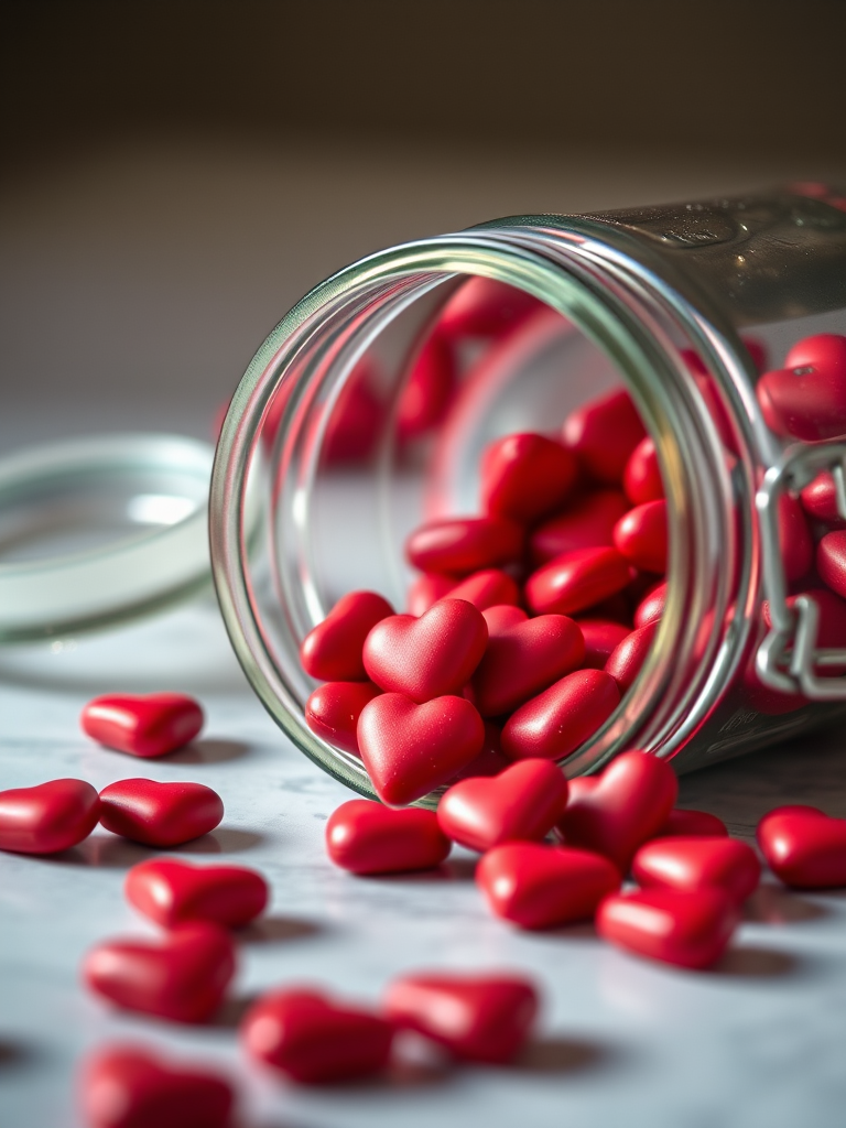 Create a high-resolution image of a glass jar spilling red heart-shaped candies, with a shallow depth of field, f/2.8 aperture, ISO 100, 50mm lens, natural soft lighting.