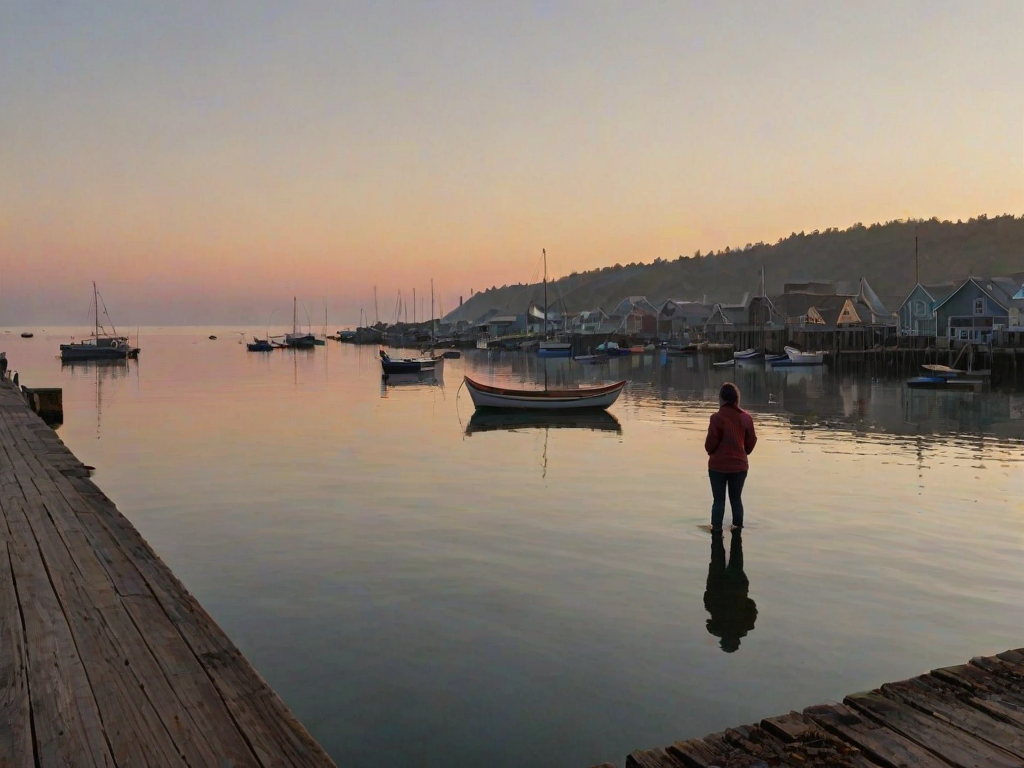 Quiet fishing village at dawn, boats bobbing gently in the harbor, and a woman standing at the edge of the pier, watching the sun rise over the calm waters.
