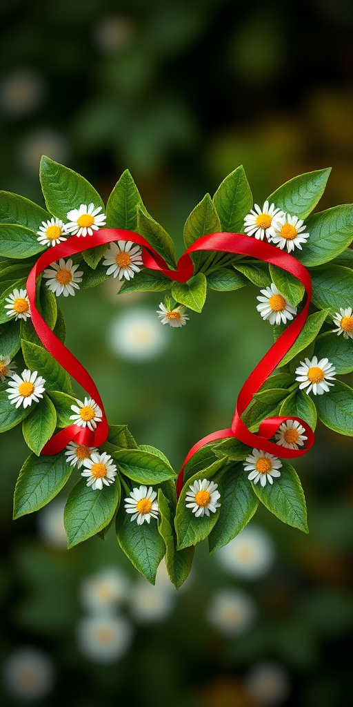 Create an ornate heart shape made of green leaves, white daisies, and red ribbons, using a macro lens at f/2.8 with a shallow depth of field, natural lighting, and a DSLR camera for high resolution and vibrant colors.