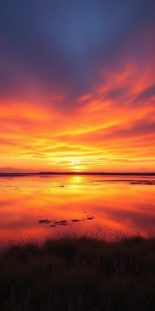 Generate a high-resolution image of a serene landscape at sunset, with vibrant colors in the sky and reflections on water, using a DSLR camera in aperture priority mode at f/8, ISO 100, 1/250s shutter speed, shot from a low angle to capture foreground details, with a wide-angle lens for a panoramic view.