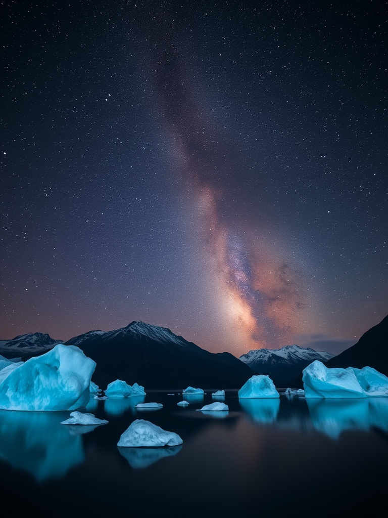 capture a breathtaking night sky over a serene glacial lake with floating icebergs illuminated by starlight, long exposure, f/2.8 aperture, ISO 800, 30 seconds shutter speed, wide-angle lens, DSLR camera, natural soft lighting