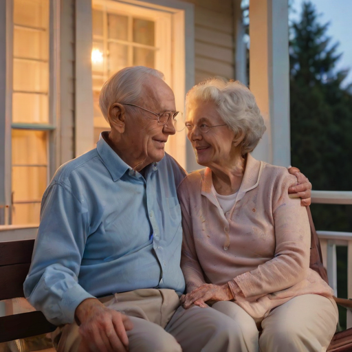 Softly lit, intimate image of an elderly couple sitting on a porch swing at dusk, holding hands, with soft candlelight illuminating their faces and a distant sunset painting the sky in pastel hues.