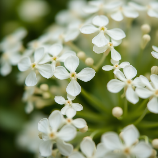 Close-up shot of delicate white flowers with lush green background, macro photography, 50mm lens, aperture f/2.8, 1/200s shutter speed, ISO 100, shallow depth of field, DSLR camera.