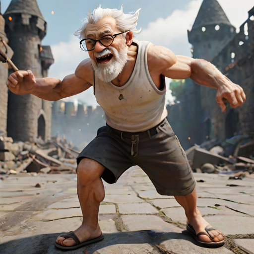 Cartoon 3D High-Resolution,dynamic battle scene using Unreal Engine 5 and Octane Render. The scene features back of an elderly, thai man with a beard,messy hair and round golden-rimmed glasses. He is wearing a tattered tank top with soot marks, shorts, and sandals. sweating. he wields a baseball bat. He jump to fight with a white fire-breathing Europe dragon amidst a partially destroyed stone castle. Include intense flames, smoke, and debris to enhance the dramatic effect.