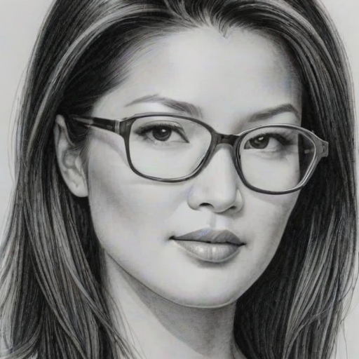 Ravishing Kelly Hu, pencil sketch, portrait of Stunning woman 1965s in glasses, hair style beatnik, outline, clear lines, fine lines, 8k