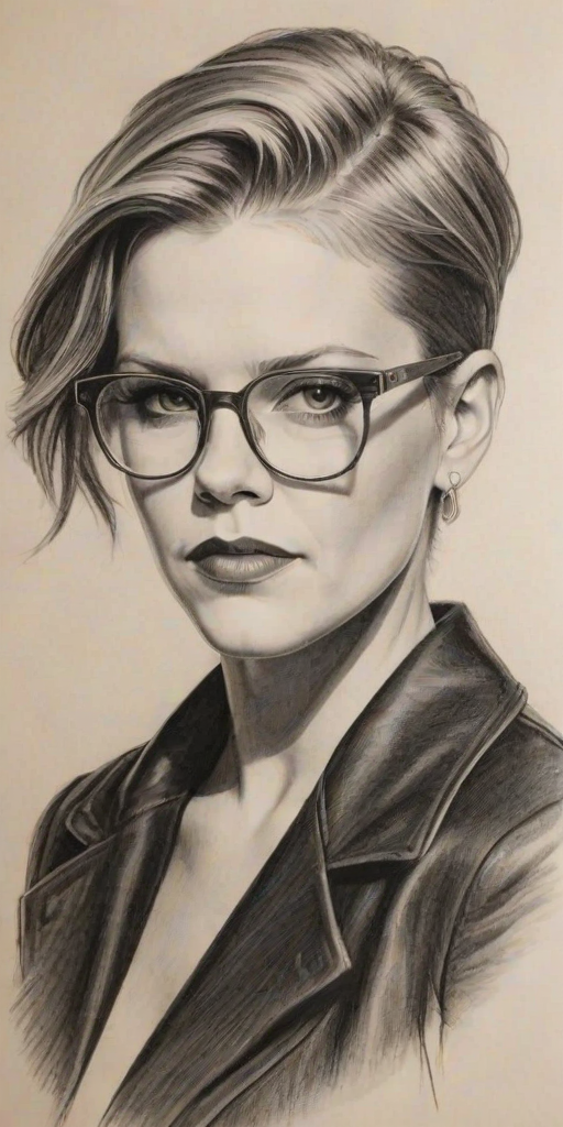 Fetching Natalie Maines, pencil sketch, portrait of Resplendent woman 1933s in glasses, hair style beatnik, outline, clear lines, fine lines, 8k