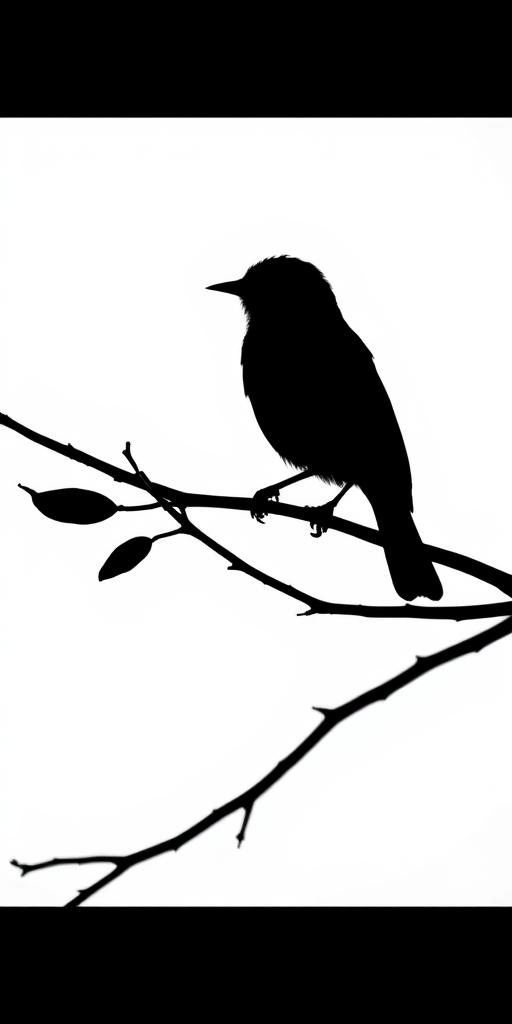 Generate a high-resolution black silhouette of a bird perched on a branch against a white background, shot with a Canon EOS R5, 85mm lens, aperture f/2.8, shutter speed 1/200s, ISO 100, in soft natural light.