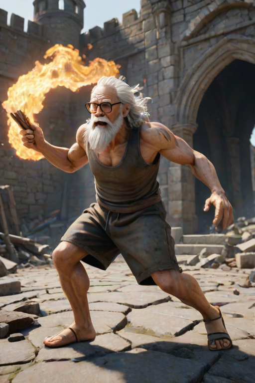Cartoon 3D High-Resolution,dynamic battle scene using Unreal Engine 5 and Octane Render. The scene features back of an elderly, thai man with a beard,messy hair and round golden-rimmed glasses. He is wearing a tattered tank top with soot marks, shorts, and sandals. sweating. he wields a baseball bat. He jump to fight with a white fire-breathing Europe dragon amidst a partially destroyed stone castle. Include intense flames, smoke, and debris to enhance the dramatic effect.