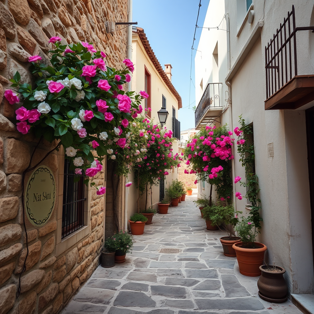 Regenerate the image of a narrow stone alleyway with blooming flowers and whitewashed buildings, using a DSLR camera with a 35mm lens, aperture set to f/4, shutter speed 1/250, ISO 100, natural lighting, shoot from a low angle to capture depth and enhance colors while ensuring a shallow depth of field.