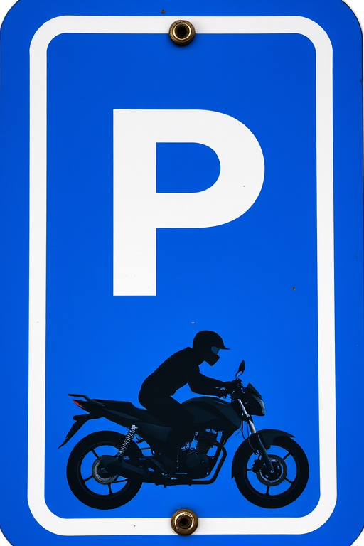 Create a high-resolution image of a parking sign for motorcycles featuring a bold blue background with a large white letter "P" at the top and a black silhouette of a motorcycle with a rider underneath, captured using a DSLR camera with a 50mm lens, aperture set to f/2.8 for a shallow depth of field, and taken from a straight-on view to enhance clarity and focus.