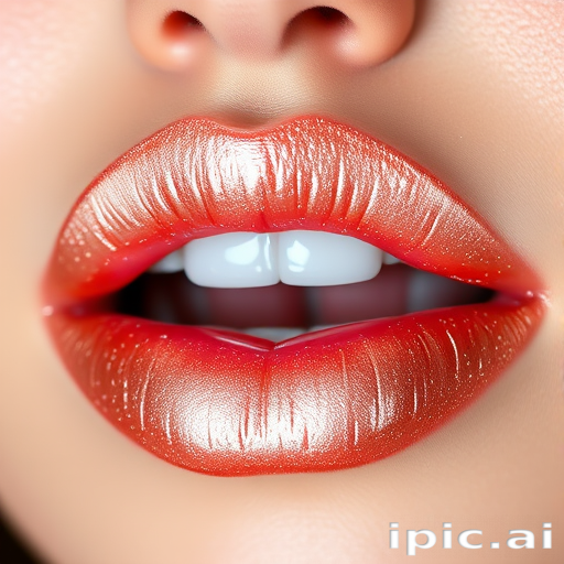 Shimmering rose gold metallic lips with a holographic sheen and multidimensional sparkle, named "Celestial Champagne Kiss"