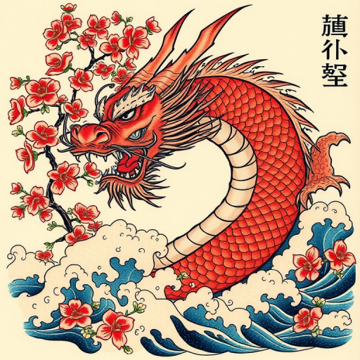 Japanese irezumi tattoo named "Dragon's Breath" showcasing a fierce dragon emerging from cherry blossoms and crashing waves in rich traditional colors and bold outlines