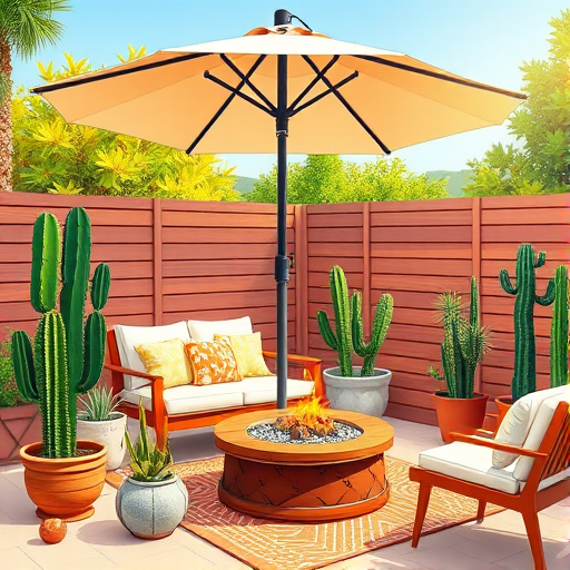 Create a vibrant illustration of outdoor furniture and decor featuring a shaded patio umbrella, stylish lounge chair with cushions, several cactus plants in decorative pots, a round wooden table, a fire pit with flames, and a cozy chair, using a DSLR camera with a 50mm lens at f/2.8, ISO 200, and a sunlight background for high-quality detail and color.