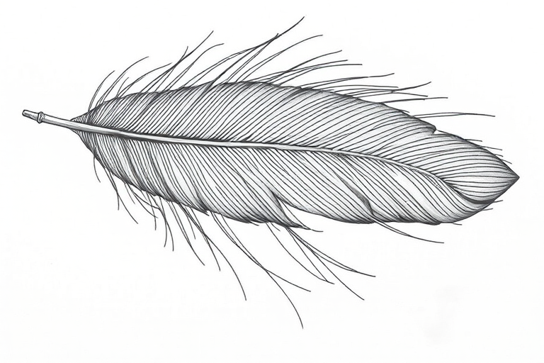 Regenerate a detailed illustration of a feather with intricate linework and shading, using a 50mm lens, f/1.8 aperture, 1/200 sec shutter speed, natural light, and a soft focus background for enhanced image quality.