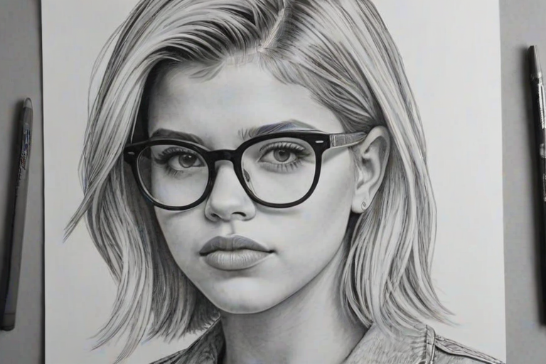 Superb Sofia Richie, pencil sketch, portrait of Lovely woman 1962s in glasses, hair style beatnik, outline, clear lines, fine lines, 8k