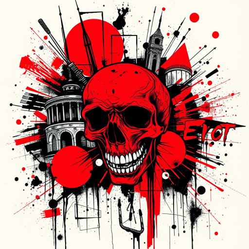 Avant-garde trash polka tattoo called "Urban Chaos" combining bold graphic elements abstract shapes and photorealistic imagery in a dynamic collage-like composition utilizing a limited color palette of black and red to create high contrast and visual impact incorporating typography grunge textures and distressed effects to evoke a sense of urban decay and rebellious energy
