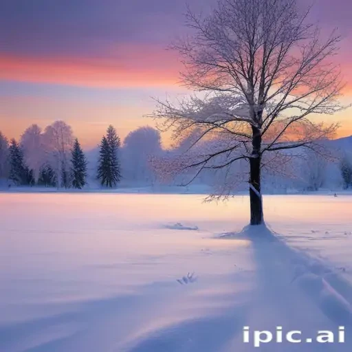 Serene Winter Landscape at Sunset with Snow-Covered Trees and Sky