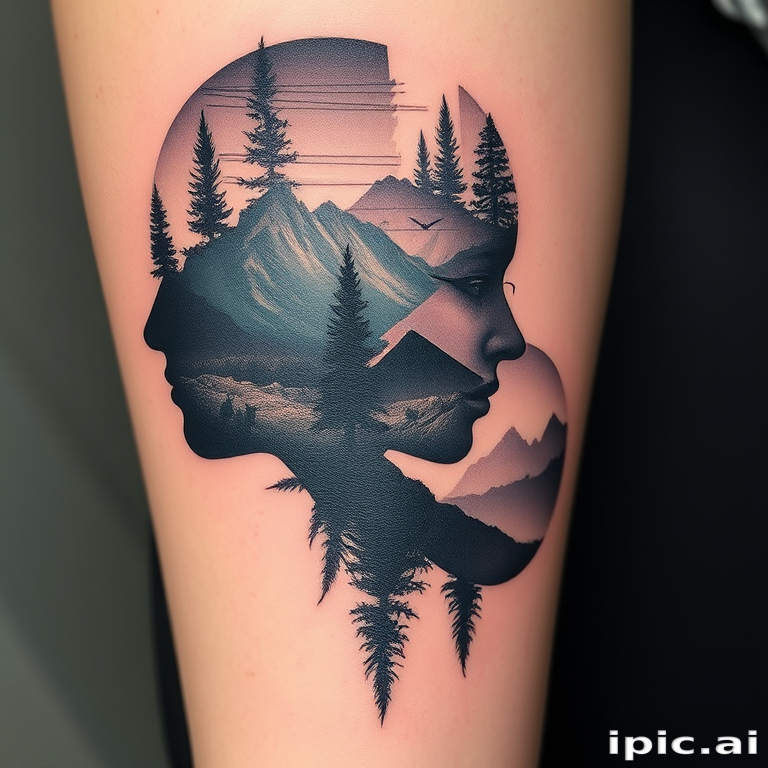 Surrealist double exposure tattoo named "Dreamscape Duality" blending two distinct images into a single cohesive design natural landscapes morph into human profiles creating a haunting and thought-provoking visual narrative fine line work and subtle gradients achieve a dreamlike quality that challenges perception