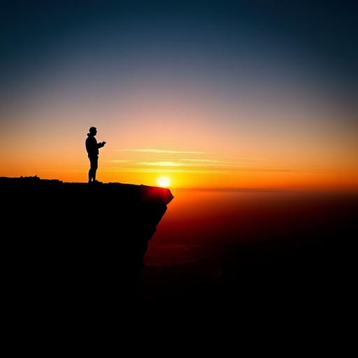 Create a high-resolution silhouette of a person standing on a cliff with a sunset in the background, shot with a Canon EOS R5, 50mm lens, f/1.8 aperture, 1/125s shutter speed, and ISO 200 for optimal clarity and contrast.