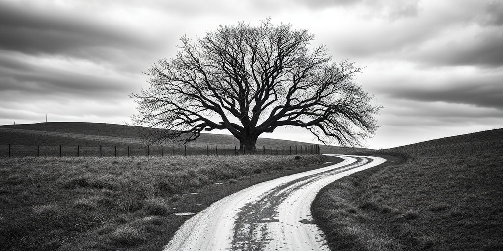black and white landscape of a winding dirt path leading to a large, leafless tree surrounded by a wooden fence, taken with a DSLR camera at f/8 aperture, 1/125s shutter speed, ISO 200, in a high dynamic range setting, capturing sharp details in a moody atmosphere