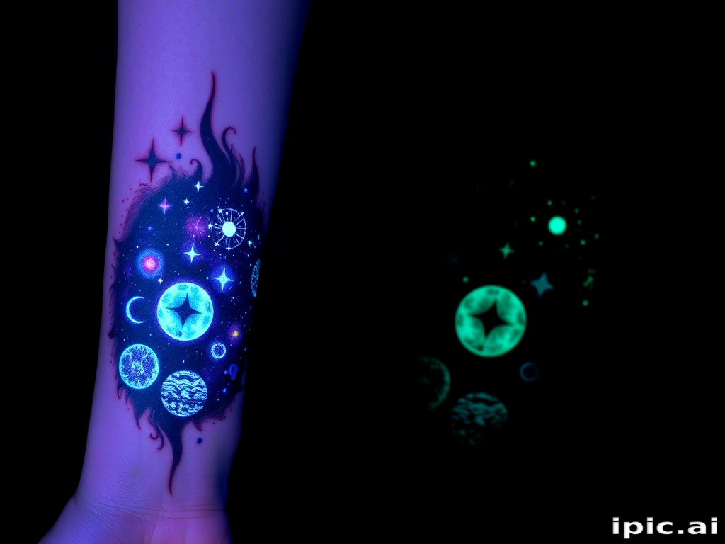 Mystical blacklight tattoo on the forearm, revealing a hidden galaxy scene with glowing stars, planets, and nebulae when exposed to UV light