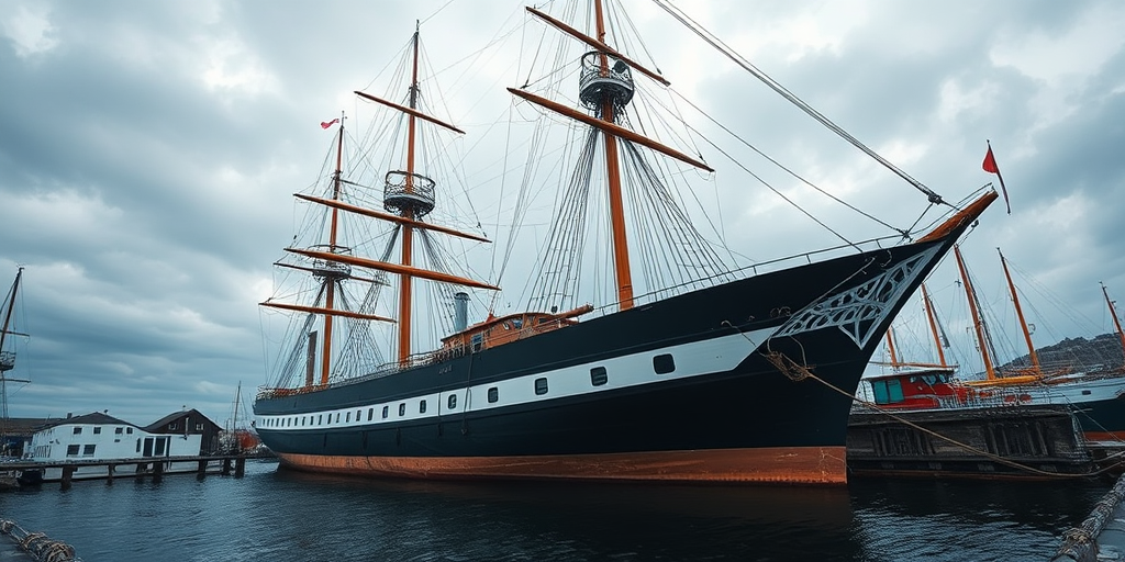 regenerate an image of a classic tall ship docked in a harbor under a cloudy sky, using a DSLR camera with an aperture of f/8, shutter speed of 1/250s, ISO 200, shot at a 35mm focal length, in a slightly elevated angle for a panoramic view to enhance depth and detail