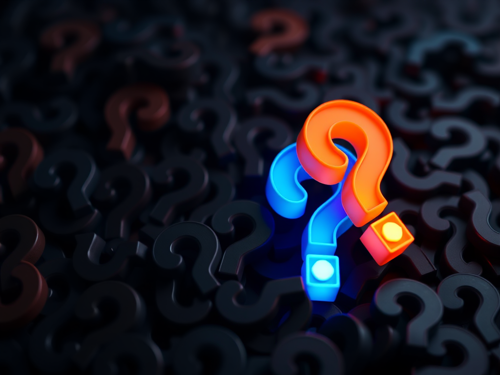 Generate an image of a dark pile of 3D question marks with two illuminated question marks in orange and blue, using a DSLR camera with a 50mm lens, aperture set to f/1.8, ISO 200, and a shallow depth of field for a soft background blur.