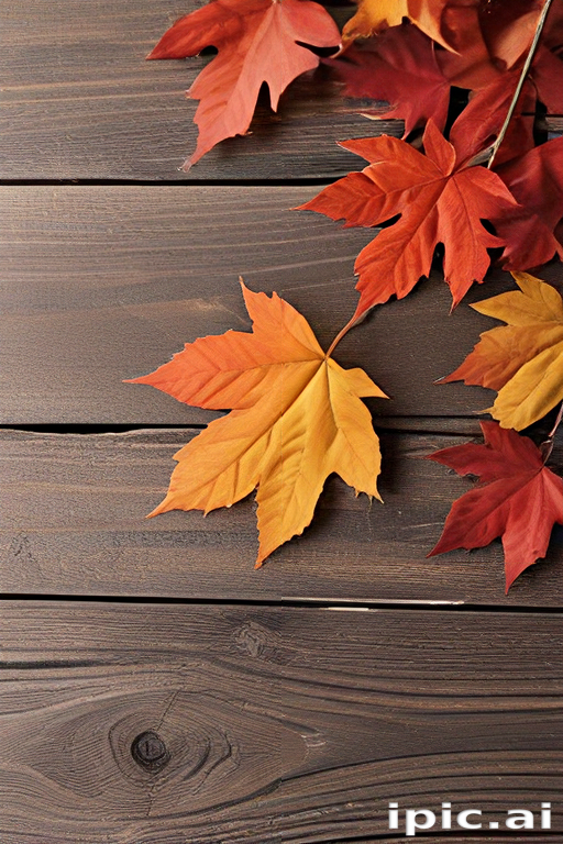 Colorful Autumn Leaves Displayed on a Rustic Wooden Table Background