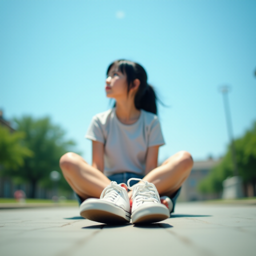 Generate an ultra-realistic, highly detailed, high-definition photograph. It's a photo of a girl sitting on the floor. She's looking at the horizon. The photo is taken from the bottom up, at ground level. The girl's sneakers are in the foreground, in the center of the scene. The girl is wearing light clothes, a t-shirt and short shorts. The sky is blue. Bright environment. The background is a blurred image of a park.