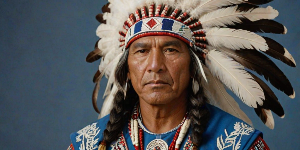 Create a dignified portrait of a Native American man dressed in traditional attire. He wears a beautifully crafted headdress adorned with white feathers and red beads, along with a beaded headband featuring intricate patterns. His clothing includes a deep blue, patterned shirt and a traditional chest piece with detailed beadwork. His arms are crossed, displaying leather armbands decorated with feathers. The background is simple and neutral, emphasizing his proud and stoic expression. The overall image captures the rich cultural heritage and strength of his persona.