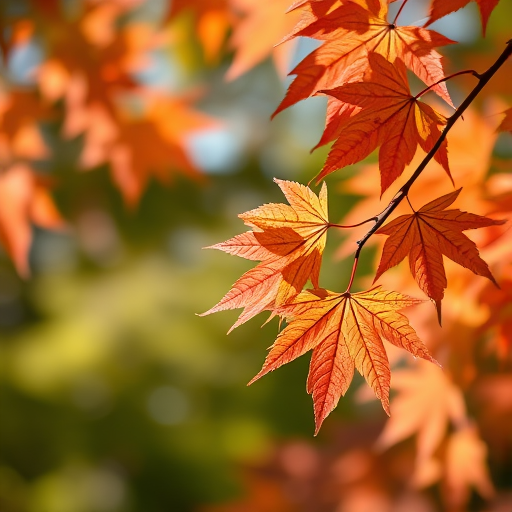 Capture a serene scene of maple leaves with soft bokeh background, using a Canon EOS R5, 50mm lens, aperture f/2.8, shutter speed 1/200s, ISO 100, in natural light for a dreamy, high-quality effect.