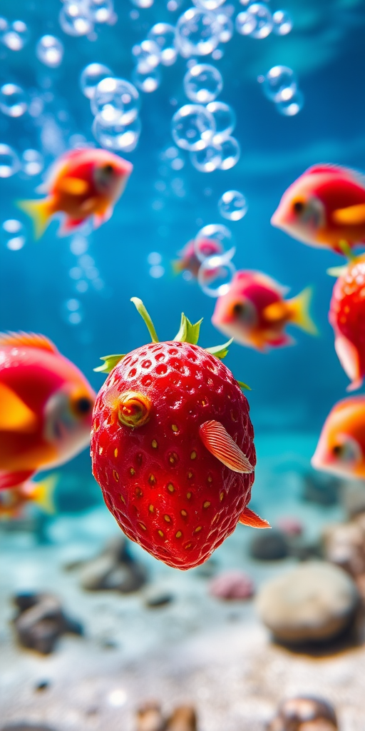 Create a vibrant underwater scene featuring colorful fish resembling strawberries, with bubbles in the background, shot with a DSLR camera at f/8 aperture, ISO 200, 50mm lens, using a wide-angle view to capture the scene and enhance clarity and detail.