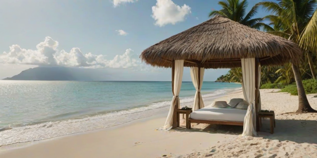Create a picturesque tropical beach scene featuring a serene, white sandy shore. In the foreground, there's a rustic wooden canopy with white drapes gently flowing in the breeze. Underneath the canopy, a table is set with tropical decor, evoking a sense of relaxation and leisure. The beach extends into a calm, shallow water area with reflections of the sky and surroundings. Palm trees and lush greenery line the edge of the beach, providing a natural, tropical backdrop. The sky is clear with a few scattered clouds, and the overall atmosphere is tranquil and inviting, perfect for a peaceful retreat.