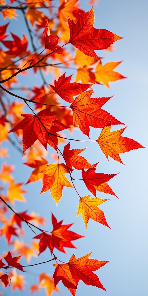Capture a high-resolution image of vibrant autumn leaves against a clear sky from a low-angle view using a DSLR camera with a 50mm lens, aperture f/2.8, ISO 100, and a shutter speed of 1/250 sec to enhance color saturation and detail.