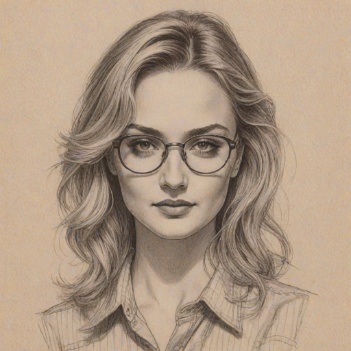 Fascinating Hunter King, pencil sketch, portrait of Bewitching woman 1977s in glasses, hair style beatnik, outline, clear lines, fine lines, 8k